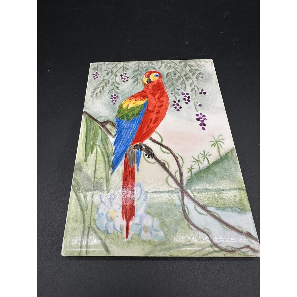 Hand Painted Scarlet Macaw Ceramic Tile Trivet Parrot Bird Art Kitchen Decor
